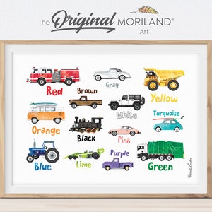 Póster de colores educativos para imprimir, transporte preescolar, horizontal, para aprender colores, arte de pared para dormitorio de niño pequeño con vehículo