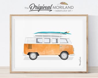 Orange Van Print, Classic Car Art, Vintage Surf Printable, Girl Boy Room Wall Art, Surf Decor, Surfboard, Transportation Decor, Coastal Art
