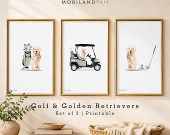 Set of 3 Golden Retriever Golf Prints, Sporty Nursery Wall Art, Digital Download