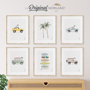 Classic Surf Cars Art Prints | Vertical - Printable Set of 6, Car Prints for Boys Room, Surf Nursery Décor, Surf Art, Surfboards | MORILAND®