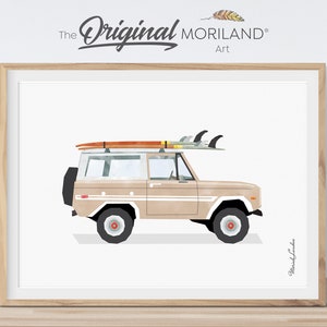 Beige Vintage Beach Car Print, Printable Surfboard Wall Art, Surf Art, Classic Car Wall Art, Coastal Bedroom Poster, Boho, MORILAND®