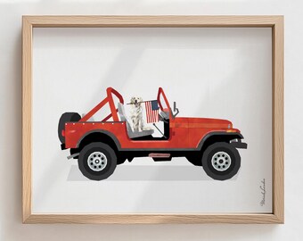 Patriotic Golden Retriever Red Truck Art, 4th of July American Flag Decor, Fourth of July Dog Lover Gift, USA Digital Print