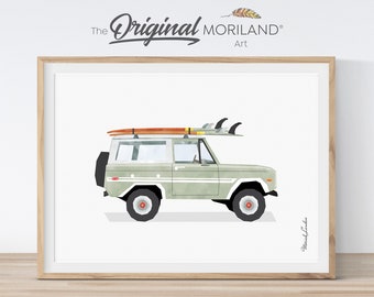 May include: A green vintage Ford Bronco with surfboards strapped to the roof. The car is illustrated in a minimalist style with a watercolor effect.