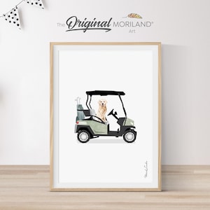 Saliegroene golfkar met hondenprint | Verticaal, golden retriever, golfmuurkunst, huisdier afdrukbare poster, hondencadeau, huisdierportret | MORILAND®
