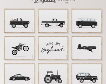 Black Vehicle Nursery Prints, Set of 9 Boys Room Posters, Digital Download