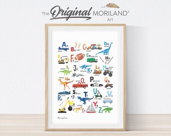 Transportation, Dinosaurs & Sports Alphabet Print, Vertical Alphabet Poster, Printable ABC Print, Nursery Wall Art, Boy Room Decor, MORILAND