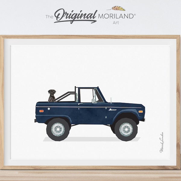 Navy Blue Classic Truck with Dog Print, Black Labrador Wall Art, Pet Printable Poster, Pet Memorial Gift, Pet Portrait | MORILAND®