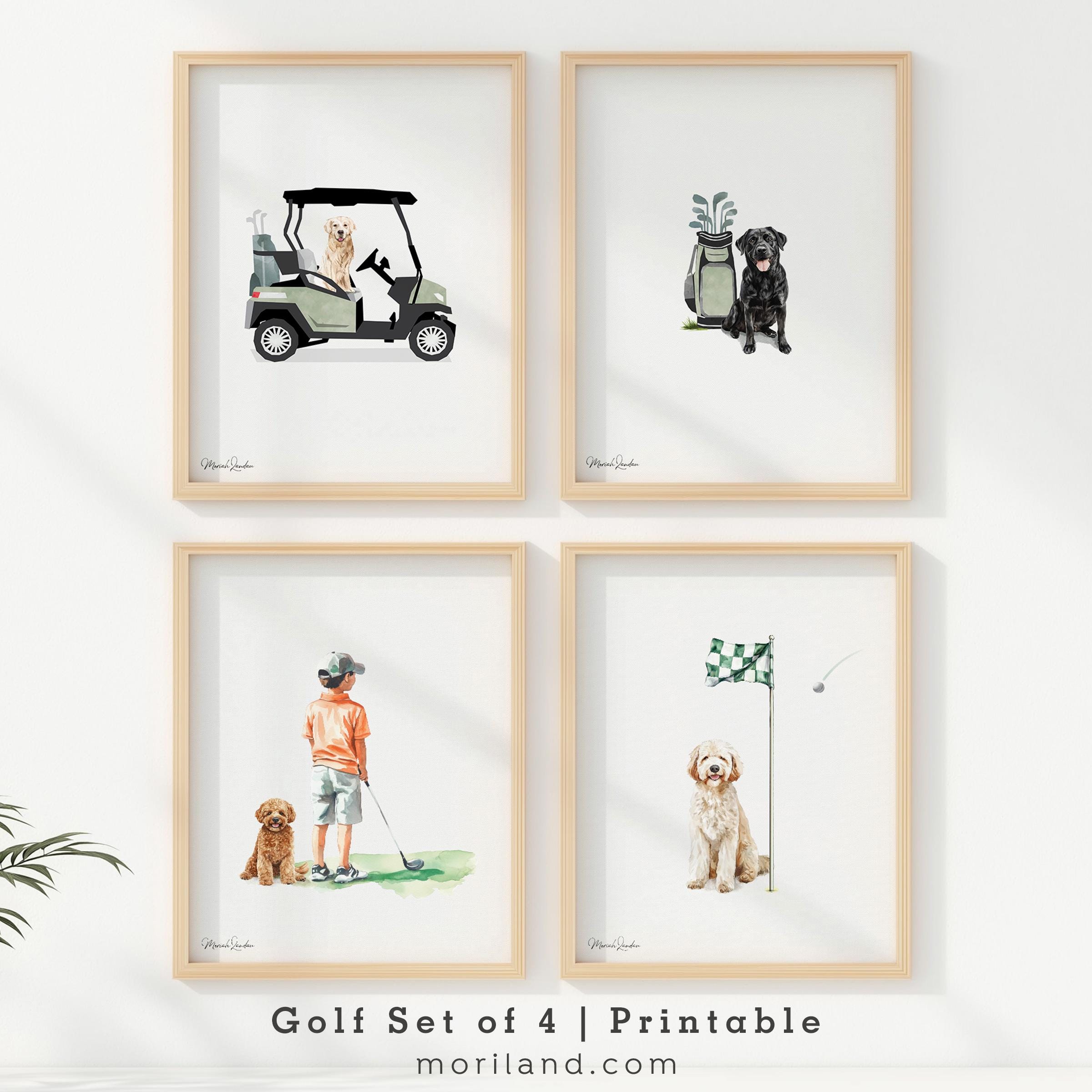 Golf Nursery Wall Art Set of 4 - Printable Art with Dogs and Kids | Boy Girl Golfers | Instant Download for Toddler Room Gift | MORILAND®