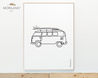 One Line Drawing Van Print - Vertical, Toddler Boy Room Art, Transportation Decor Printable, Minimalist Art, Surf Girl Room Art, MORILAND®