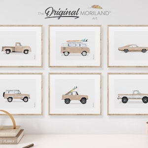 Beige Classic Cars Art Prints - Printable Set of 6, Car Prints for Boys Room, Surf Nursery Decor, Surf Art, Surfboard | MORILAND®