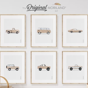 Beige Classic Cars Art Prints - Printable Set of 6 | Vertical, Car Poster, Car Prints Boys Room, Surf Nursery Decor, Surfboard | MORILAND®