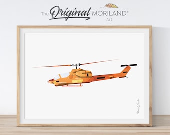 May include: A digital illustration of an orange helicopter with a white background. The helicopter is a side view and has a black tail rotor. The text "The Original Moriland Art" is at the top of the image.
