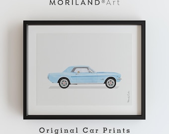 Baby Blue Vintage Muscle Car Watercolor Print, Digital Download, Boys Room Wall Art