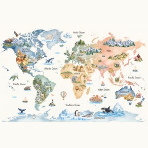 Pode incluir: Um adesivo de parede de mapa-múndi em aquarela com continentes em tons de azul, verde e bege. O mapa inclui ilustrações de animais, pontos turísticos e oceanos rotulados com texto como América do Norte, Europa, Ásia, África e Antártida.