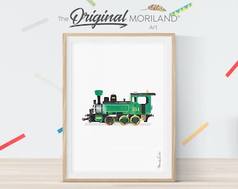 Impresión de locomotora de vapor verde, guardería de tren vertical, arte de pared de transporte, decoración de habitación de niño pequeño, arte imprimible, arte de tren en acuarela