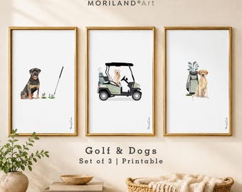 Hunde & Golf Kindergarten Drucke, vertikale Haustier Kunst Set, Hundeliebhaber digitaler Download