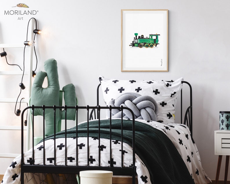Vertical Train Nursery Watercolor Train Art Transportation Wall Art Green Steam Locomotive Print Toddler Boy Room Decor Printable Art