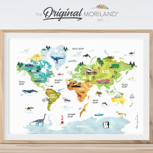 Druckbare Weltkarte, Transport Dinosaurier und Tiere, Weltkarte Druck, Lernposter, Jungen und Mädchen Schlafzimmer Wandkunst, MORILAND®