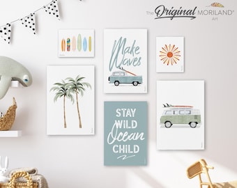 Surf Wall Art, Van, Sun, Palm Trees, Make Waves, Stay Wild Ocean Child Quote & Surfboards - Canvas Prints - Set of 6 - LAND125 - MORILAND®
