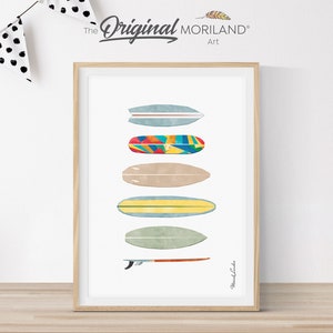 May include: A framed print of a watercolor illustration of six colorful surfboards. The surfboards are arranged vertically in a row, with the top surfboard at the top of the frame and the bottom surfboard at the bottom of the frame. The surfboards are all different colors and designs, and they are all painted in a watercolor style. The print is titled "The Original Moriland Art".