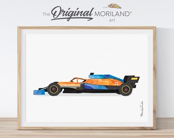 Impression voiture de course orange-bleu, art mural transport (téléchargement numérique)