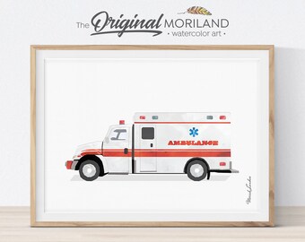 Ambulance aquarelprint, transport kinderkamer decor (digitale download)