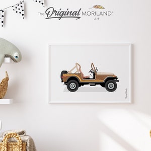 May include: A brown and beige Jeep CJ-7 with a white background. The Jeep is a classic car with a vintage look. The Original Moriland Art logo is in the top right corner of the image.