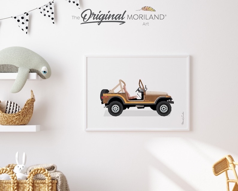 May include: A brown and beige Jeep CJ-7 with a white background. The Jeep is a classic car with a vintage look. The Original Moriland Art logo is in the top right corner of the image.