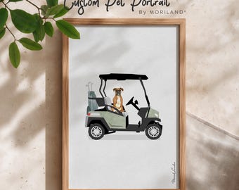 Puede incluir: Una impresión enmarcada que muestra un carrito de golf verde claro con un perro bóxer marrón y blanco sentado en el asiento del conductor. El texto Custom Pet Portrait By MORILAND aparece arriba y la firma Moriland en la esquina inferior derecha.