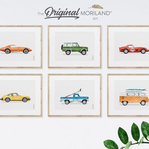 Classic Cars Art Prints - Printable Set of 6, Race Car Poster, Car Prints for Boys Room, Surf Nursery Decor, Surf Art, Surfboard | MORILAND®