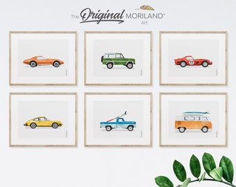 Classic Cars Art Prints - Printable Set of 6, Race Car Poster, Car Prints for Boys Room, Surf Nursery Decor, Surf Art, Surfboard | MORILAND®