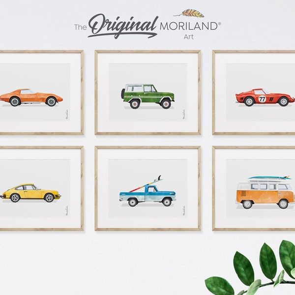 Classic Cars Art Prints - Printable Set of 6, Race Car Poster, Car Prints for Boys Room, Surf Nursery Decor, Surf Art, Surfboard | MORILAND®