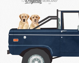 Impresión de labradores en coche clásico: Arte conmemorativo para mascotas (descarga digital)