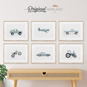 Láminas artísticas de vehículos en azul pálido: juego imprimible de 6, póster de automóvil, decoración de guardería para niños, motocicleta todoterreno, láminas de automóviles, LAND169 / MORILAND®