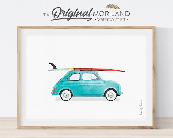 ビーチとクラシックカーのアート Turquoise Classic Car With Surfboard Poster, Nursery Wall Decor