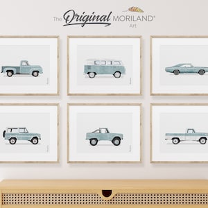 Pale Blue Classic Cars Art Prints - Printable Set of 6, Car Poster, Boy Nursery Decor, Car Prints, LAND140 | MORILAND®
