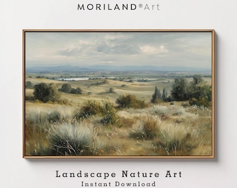 Afdruk landschap met glooiende heuvels: rustiek platteland digitale kunst (digitale download)