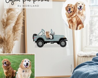 Custom 2 Dog Portrait in Car, Personalized Nursery Wall Art, Kids Room Decor, Whimsical Pet Illustration, Digital Download Dog Lover Gift