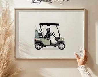 Labrador negro en un carrito de golf verde salvia, decoración moderna para dormitorios, arte digital descargable