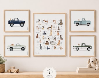 Dog Alphabet & Vintage Pickup Truck Nursery Art Set, 5-Piece Digital Download | MORILAND
