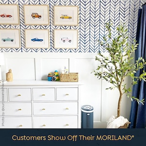 May include: A white dresser with gold drawer pulls, a gray trash can, and a potted olive tree in a white room with blue and white chevron wallpaper. The text "Customers Show Off Their MORILAND&reg;" is at the bottom of the image.