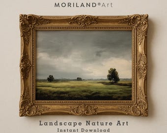 Lámina artística de paisaje vintage, Campo verde campestre (Descarga digital)