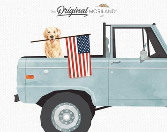 Pale Blue Truck with Dog and American Flag Print, Golden Retriever Wall Art, Pet Printable Poster, Pet Memorial, Pet Portrait, MORILAND®