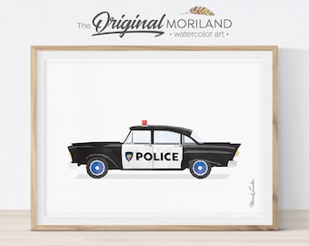 Vintage politieauto aquarelprint, jongenskamerdecoratie (digitale download)