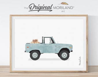 Pale Blue Classic Truck with Dogs Print, Goldendoodle in Truck Wall Art, Pet Printable Poster, Pet Memorial Gift, Pet Portrait | MORILAND®