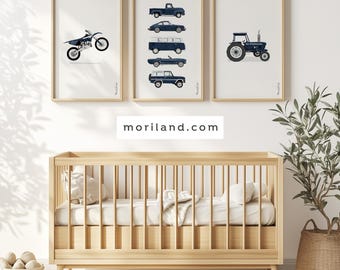 Navy Blue Vehicle Prints, Tractor, Dirt Bike & Classic Car Set, Instant Download Art