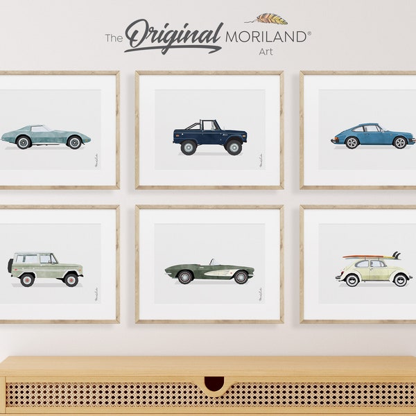 Classic Cars Art Prints - Afdrukbare set van 6, Auto Poster, Decor van de kinderkamer, Auto Prints, Kwekerij Prints, LAND154 | MORILAND®