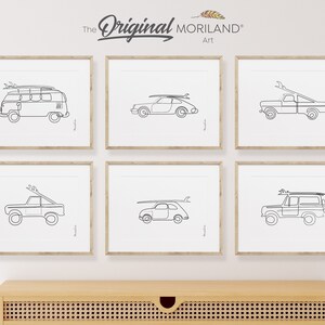 One-line Zeichnung klassische Surf-Autos - Druckbares Set von 6, Auto Drucke für Jungenzimmer, Surf-Kinderzimmer-Dekor, Surf-Kunst, Surfbretter | MORILAND®
