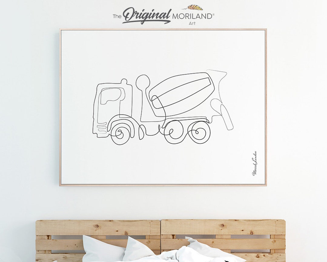 One Line Art Drawing Print, Cement Mixer Art, Construction Decor, Boy