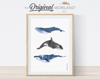 Whales Art Print, Printable Whales Wall Art, Nautical Art, Watercolor Whale, Coastal Bedroom Poster, Humpback Whale, Surf Art